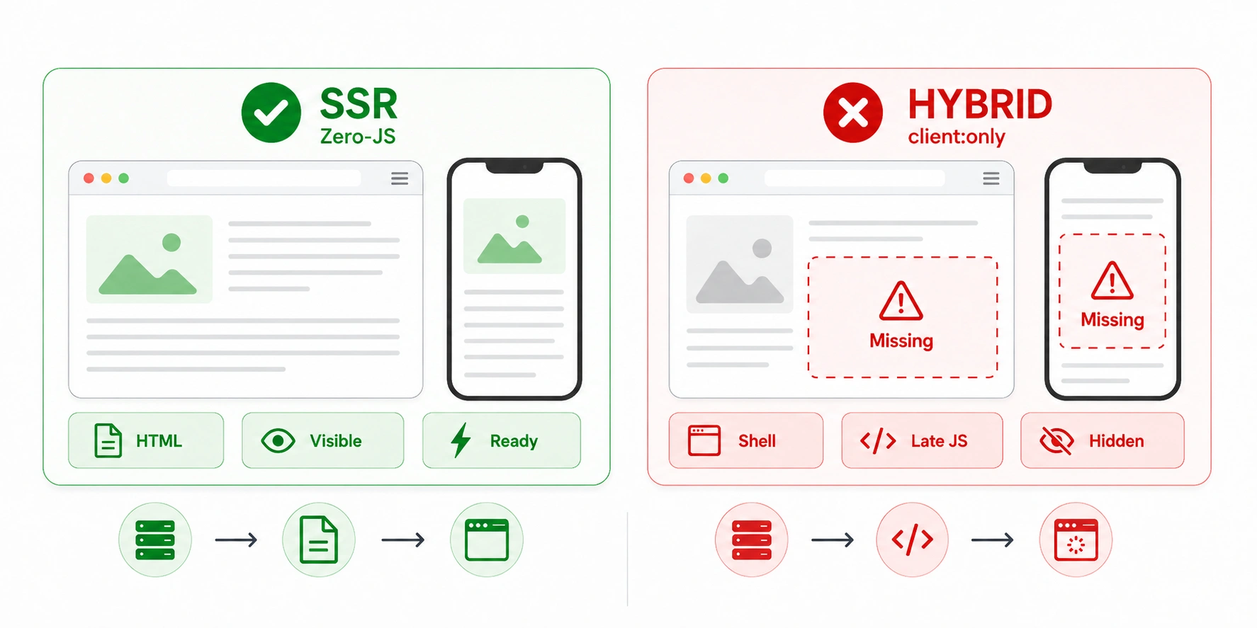 Side-by-side comparison of an Astro page's raw HTML showing full content versus a HYBRID case where a client:only island's content is missing before JavaScript runs