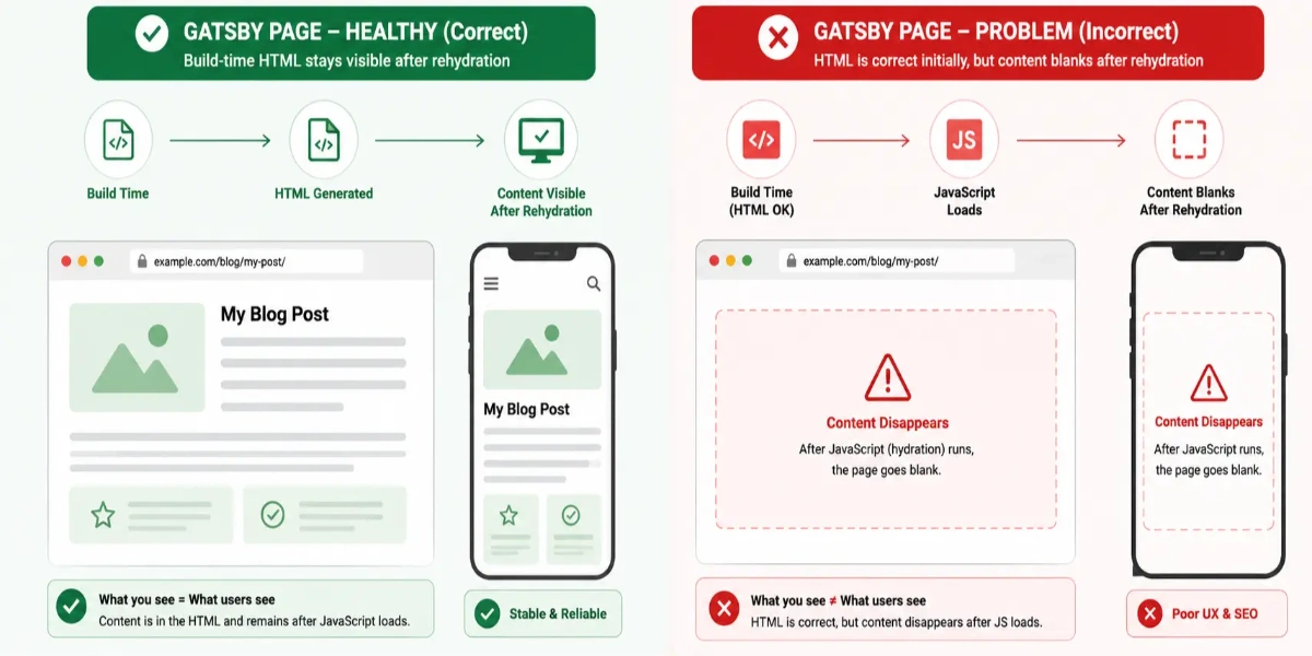 Side-by-side comparison of a Gatsby page's raw HTML showing full static content versus a rendered pane that has gone blank after a hydration mismatch
